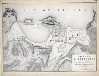 Mapa Siege of St Sebastian, publikoval William Blackwood and Sons, Edinburgh und London, 1848 (ručně kolorovaná rytina)